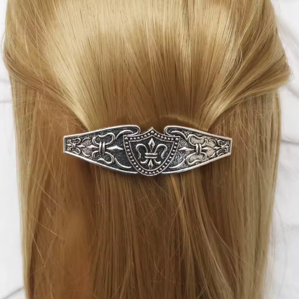 Silver Fleur-de-Lis Shield Hair Barrette